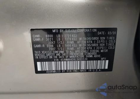 2020 Subaru Ascent Premium z USA, uszkodzony, nr VIN 4S4WMAHD9L3455536